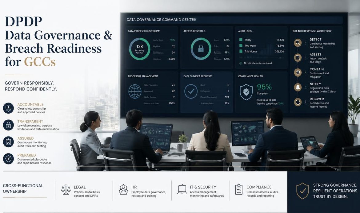 DPDP data governance framework for GCCs covering security safeguards, processor controls and breach response.