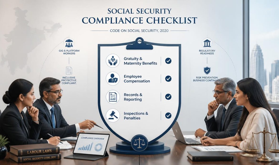 Employer compliance checklist for gratuity, maternity benefits, records, welfare schemes and penalties under the Social Security Code.