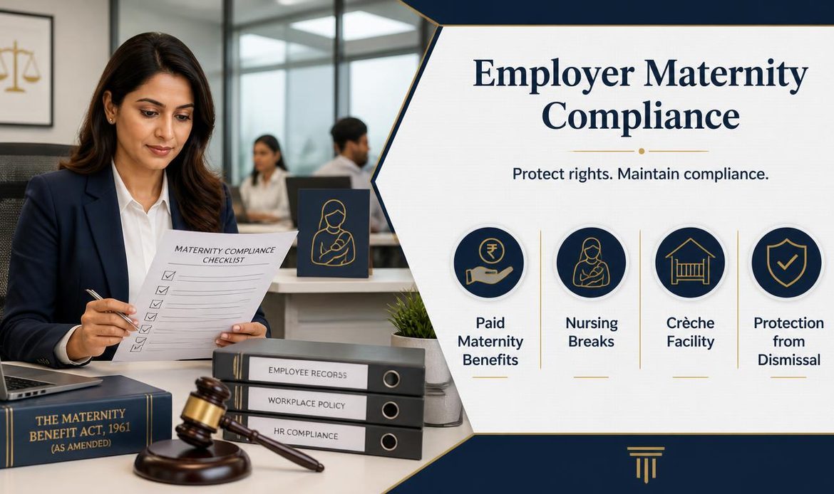 Employer maternity compliance infographic covering paid benefits, nursing breaks, crèche facilities and protection from dismissal.