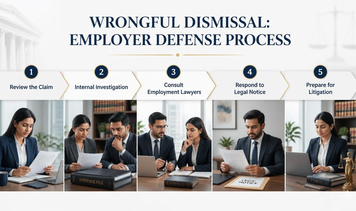 Five-step wrongful dismissal employer defense process covering claim review, investigation, legal advice, response and litigation preparation.