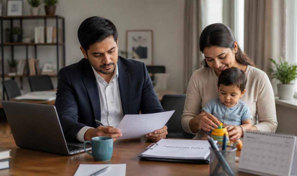 Indian working parents reviewing a parental leave policy while caring for their child.