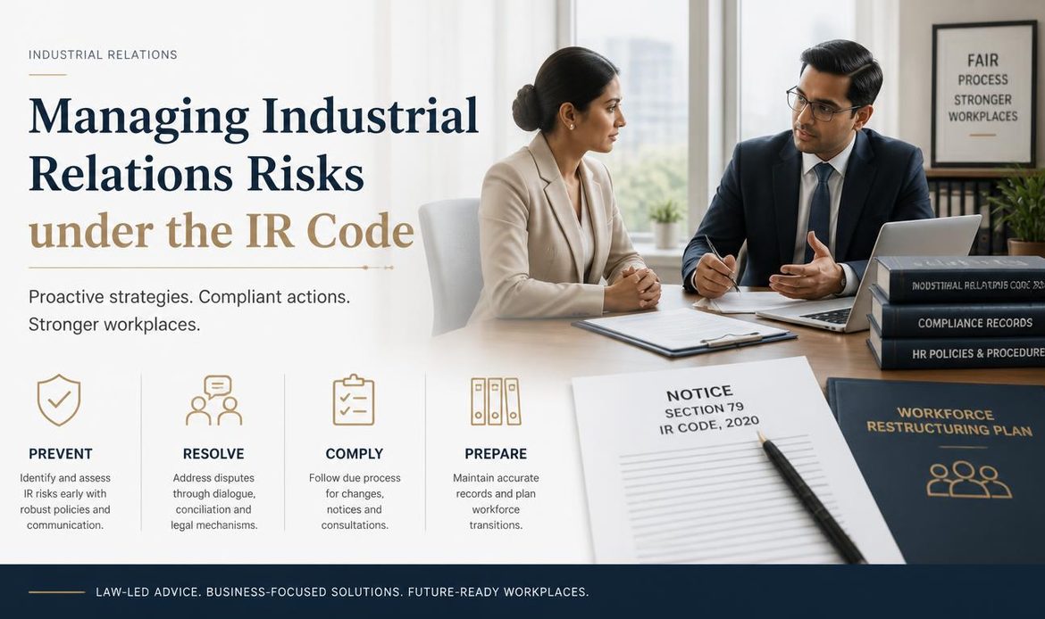 Industrial relations risk management showing dispute resolution, workforce restructuring and employer compliance records.