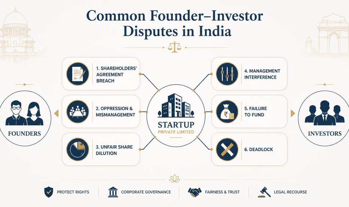 “Infographic showing six common founder-investor disputes in Indian startups.”