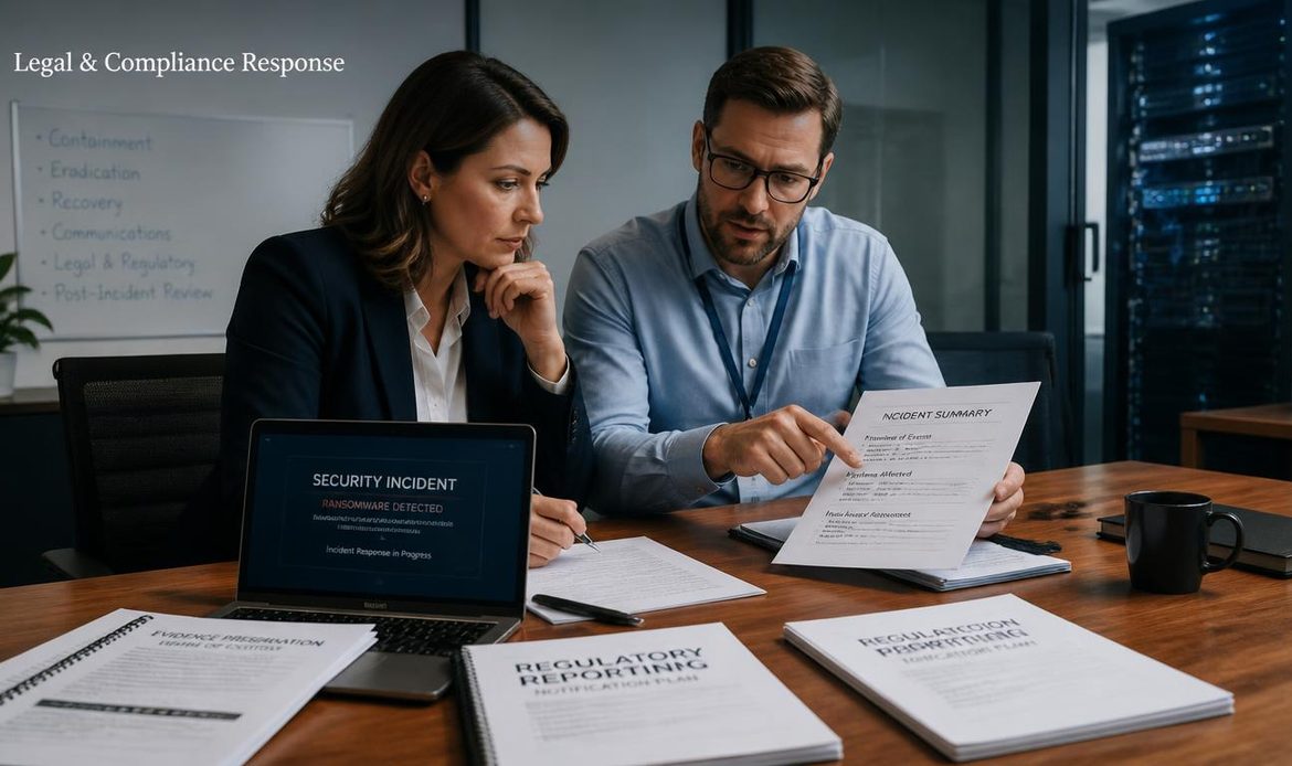 Legal and cybersecurity professionals reviewing compliance requirements after a ransomware attack