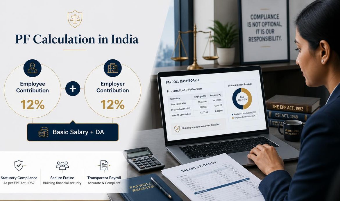 PF calculation in India showing 12% employee and employer contributions on basic salary plus DA.