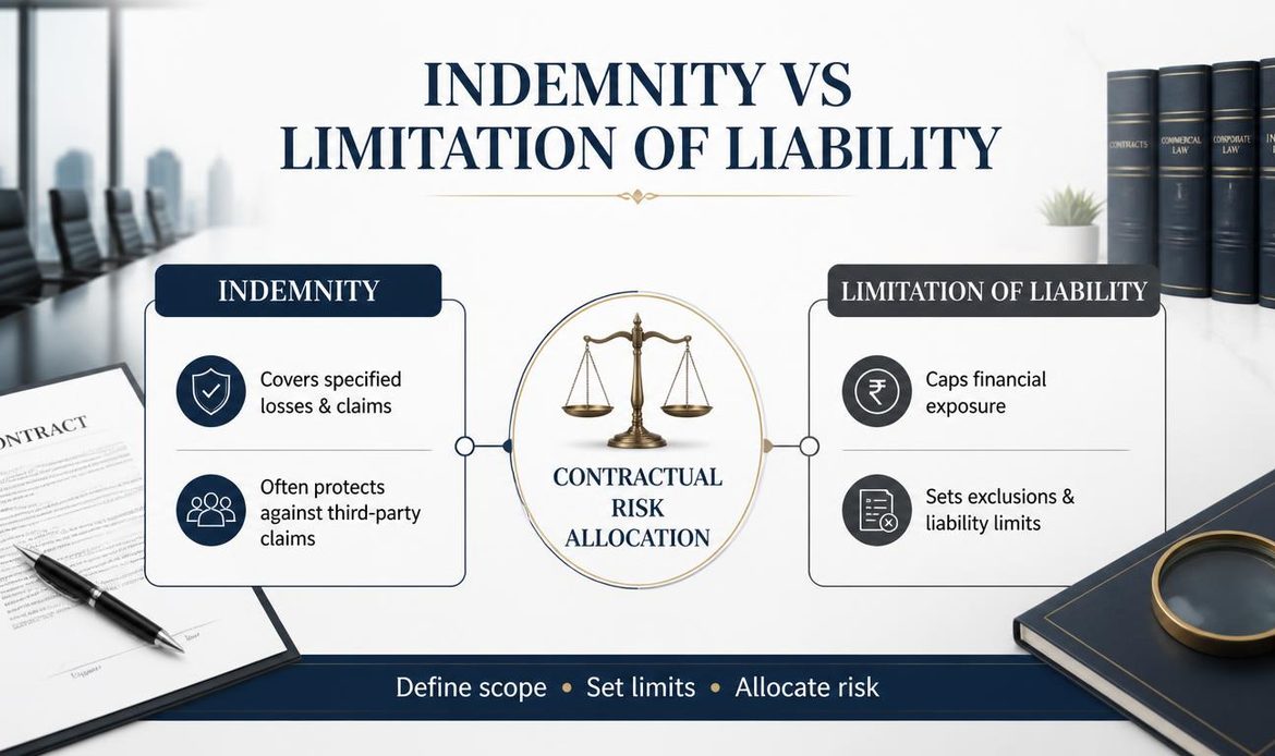 “Professional infographic comparing indemnity and limitation of liability clauses in commercial contracts.”