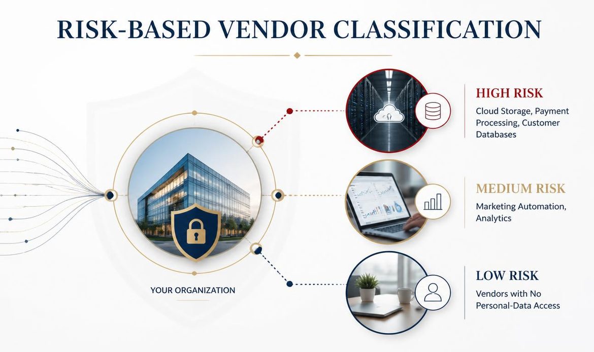 Risk-based vendor classification infographic showing high, medium and low privacy risks based on third-party access to personal data
