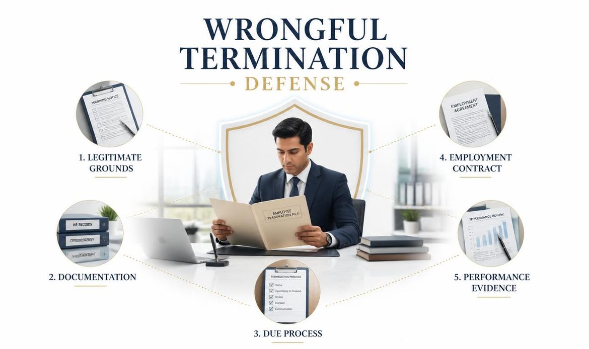 Wrongful termination defense infographic showing legitimate grounds, documentation, due process, employment contracts and performance evidence