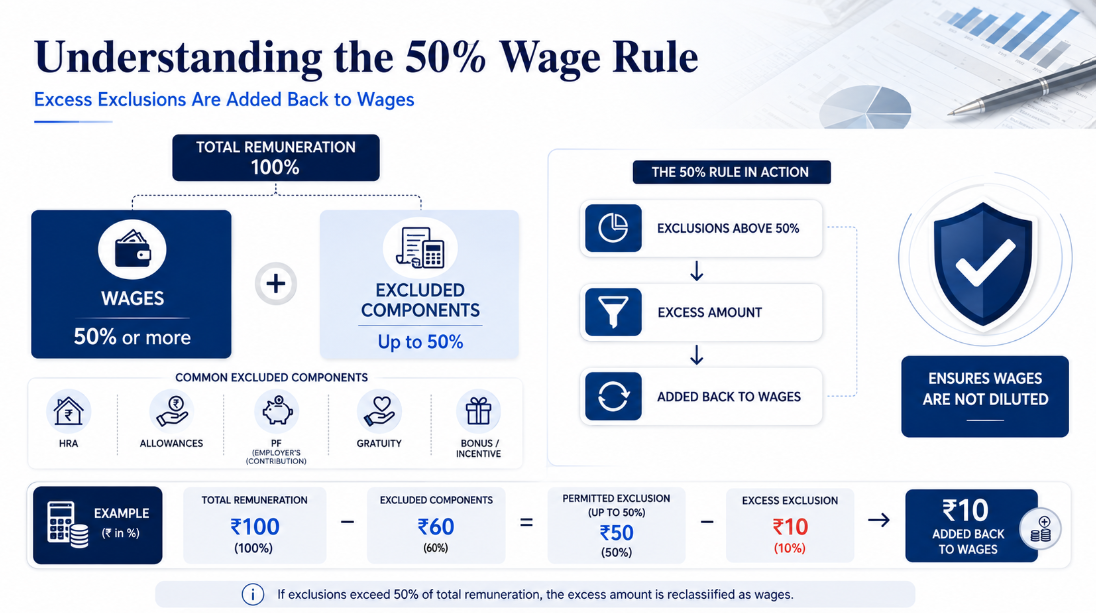 50% rule under the Code on Wages showing salary exclusions above 50 percent added back to wages