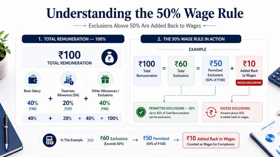 50% wage rule under the Code on Wages showing salary exclusions above 50 percent added back to wages