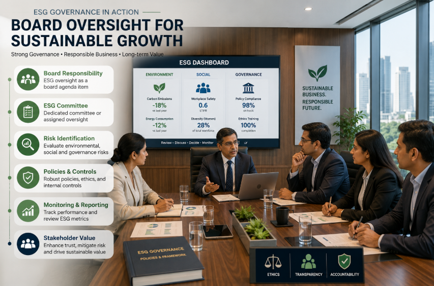 Corporate board reviewing ESG governance and compliance risks