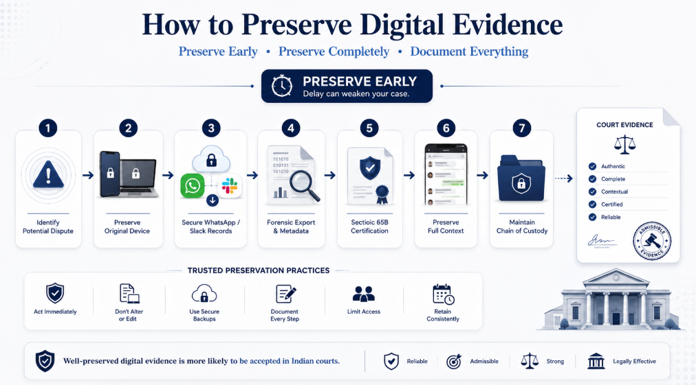 Digital evidence preservation process showing device preservation, forensic export, Section 65B certification, context and chain of custody