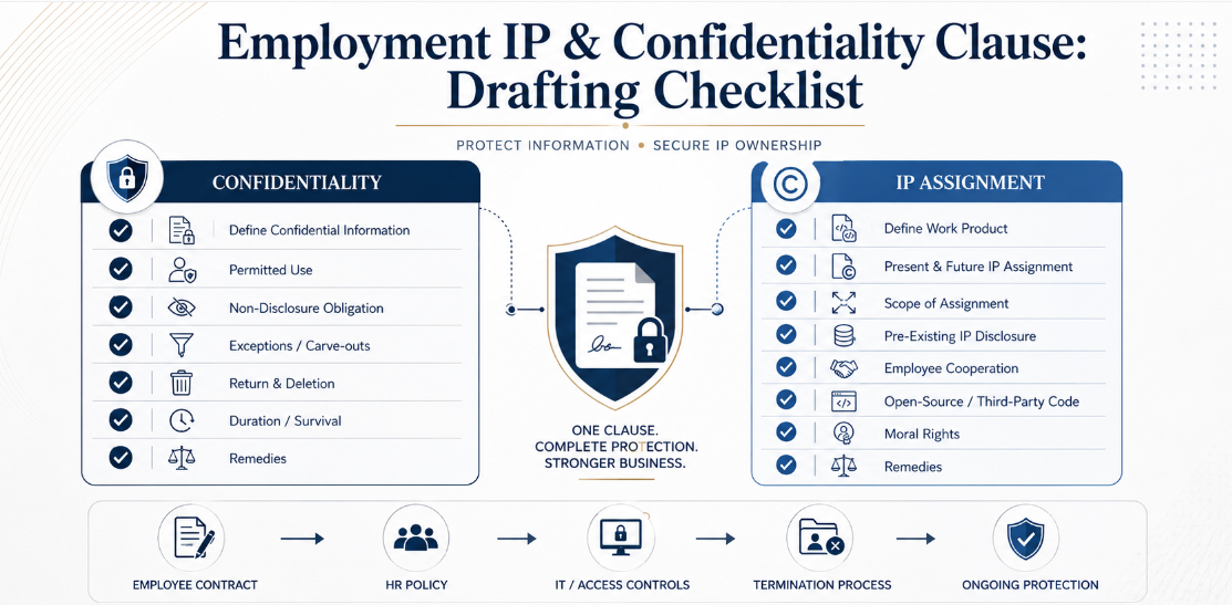 Drafting checklist for employee confidentiality and IP assignment clauses covering definitions, IP ownership, disclosure, survival and remedies