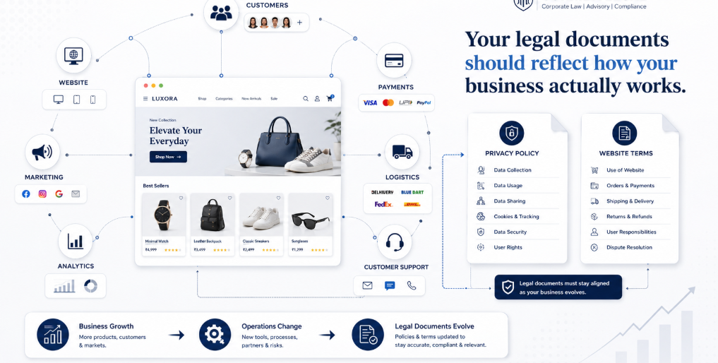 E-commerce business operations connected with personalized privacy policy and website terms
