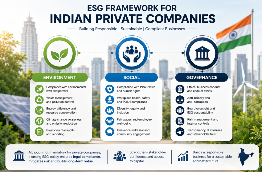 ESG framework showing environmental, social and governance compliance for Indian private companies
