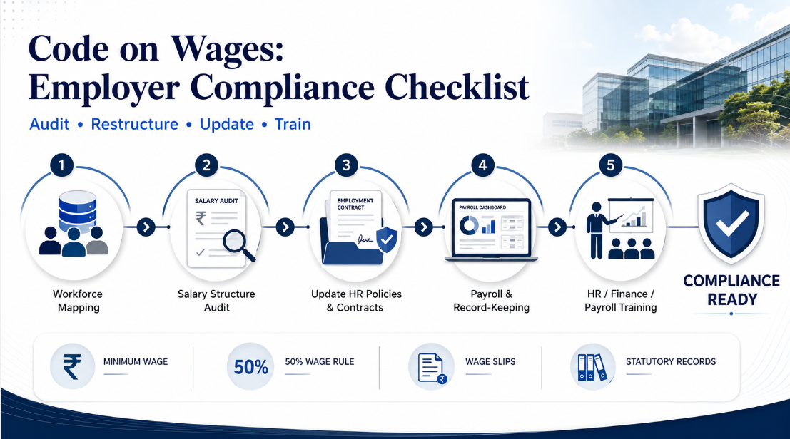 Employer compliance checklist for the Code on Wages covering salary audit, HR policies, payroll records and employee training
