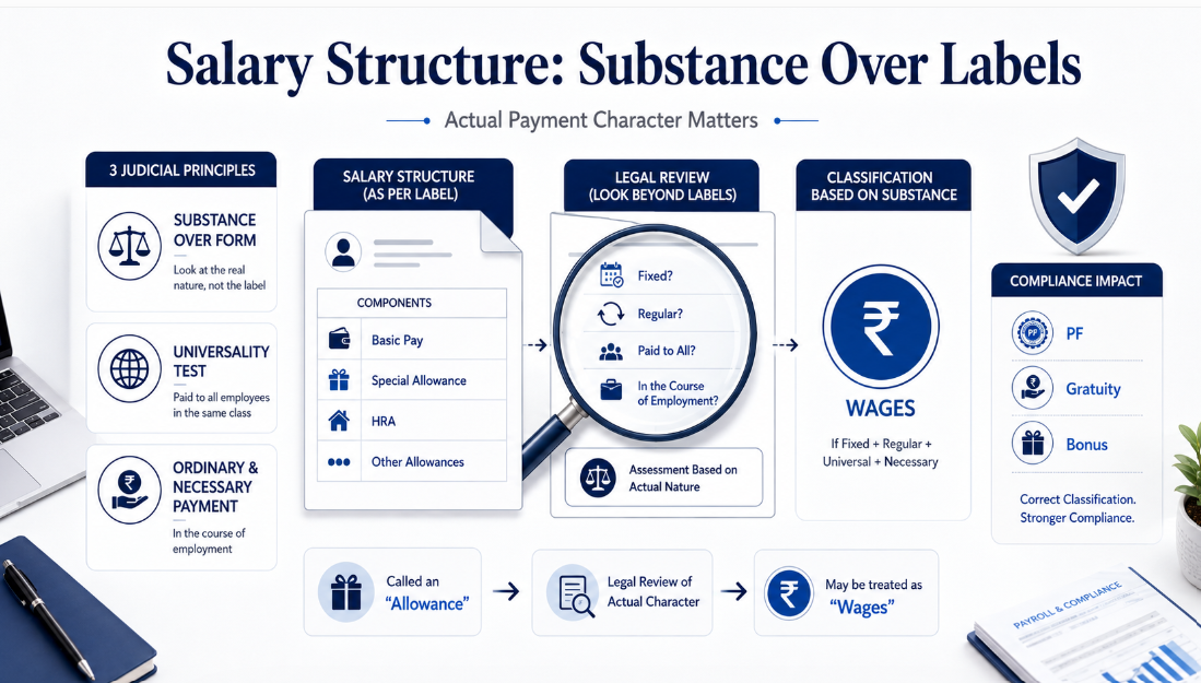 Judicial principles for wage classification showing substance over labels and compliance with salary structure