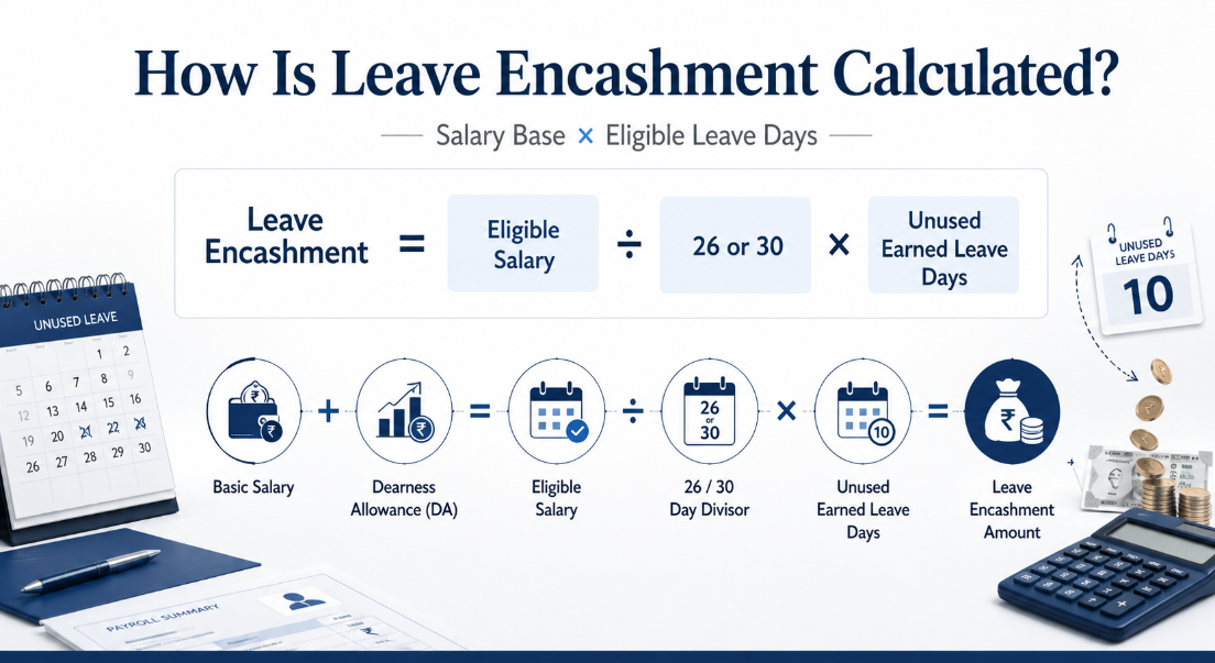 Leave encashment calculation showing salary divided by 26 or 30 multiplied by unused earned leave days