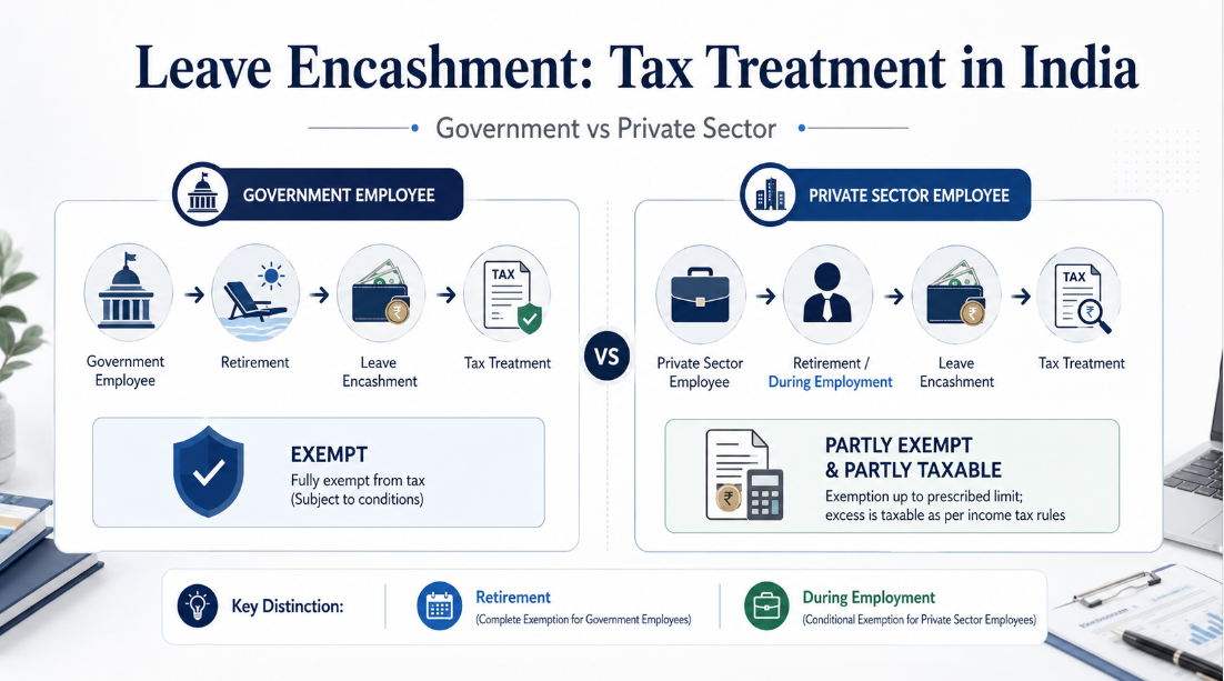 Leave encashment tax treatment in India comparing government and private sector employees at retirement and during employment