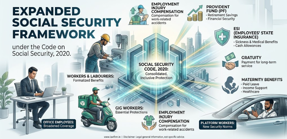 Code on Social Security framework showing PF, ESI, gratuity, maternity and injury benefits with expanded coverage for gig and platform workers.