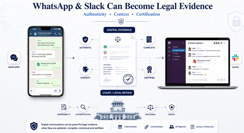 WhatsApp and Slack conversations presented as digital evidence with authenticity, context and certification requirements