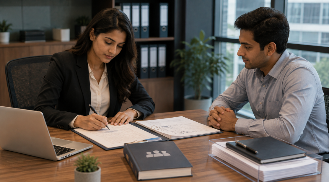 Employee signing an employee handbook acknowledgement for workplace policy compliance