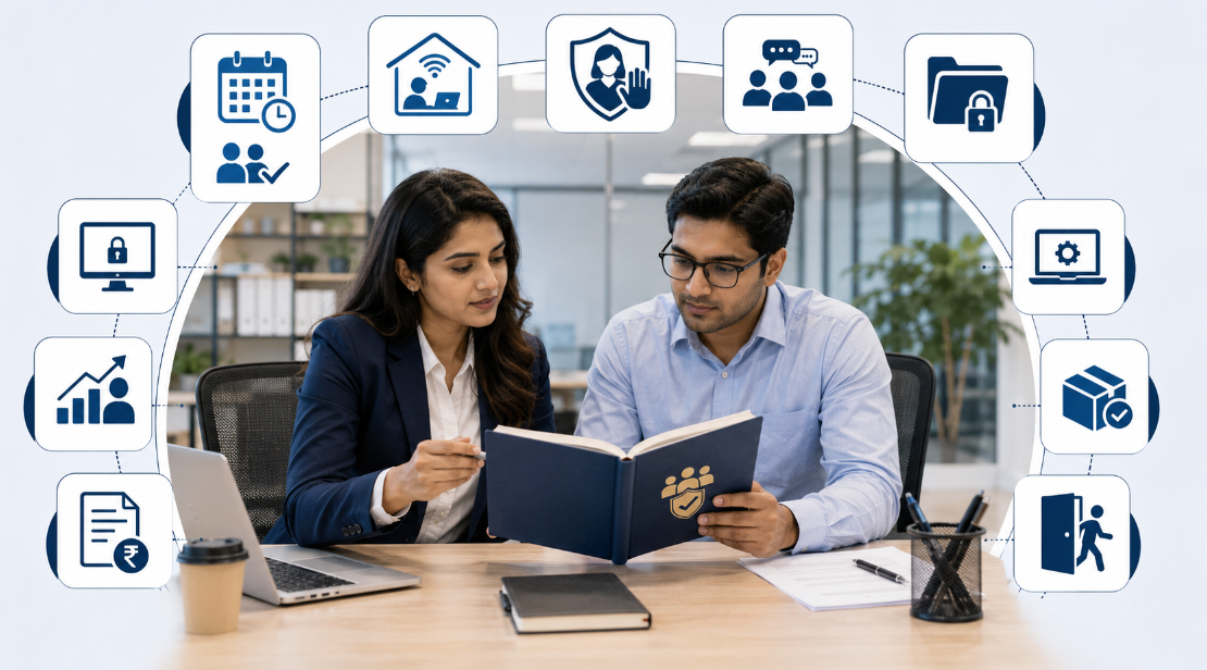HR manager and employee reviewing workplace policies in an employee handbook
