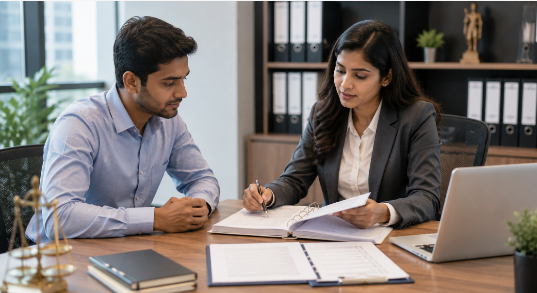 HR manager explaining company policies to an employee during handbook acknowledgement