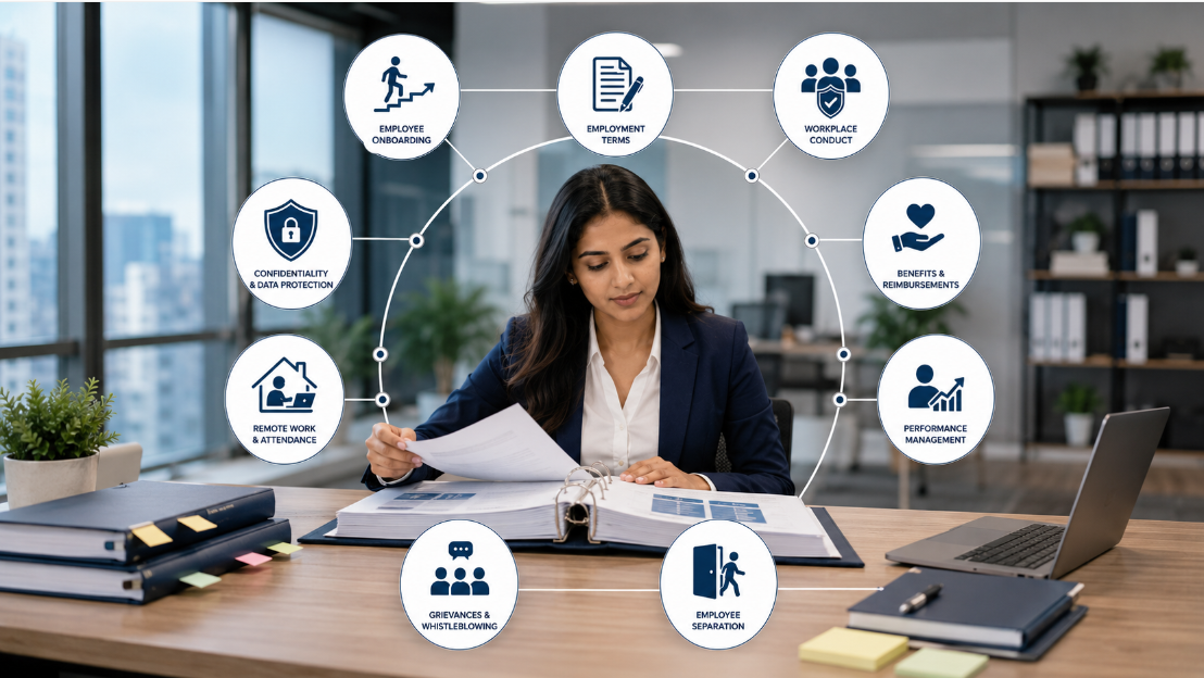 HR professional organising core workplace policies in an HR policy manual