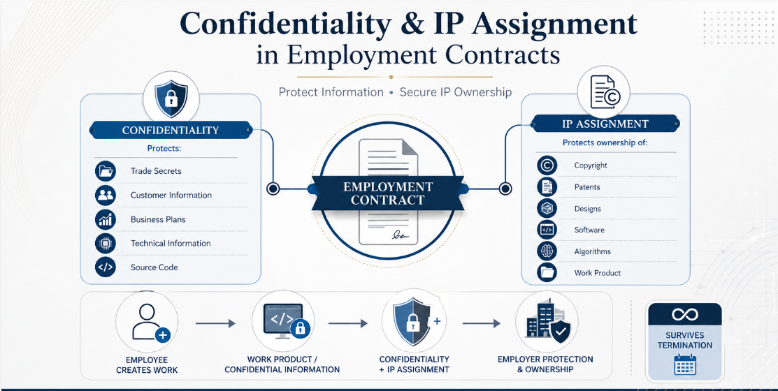 Confidentiality and IP assignment protections in employment contracts covering trade secrets, work product and intellectual property