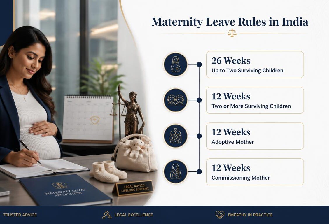 Maternity leave rules in India showing 26-week and 12-week leave entitlements for different categories of women.