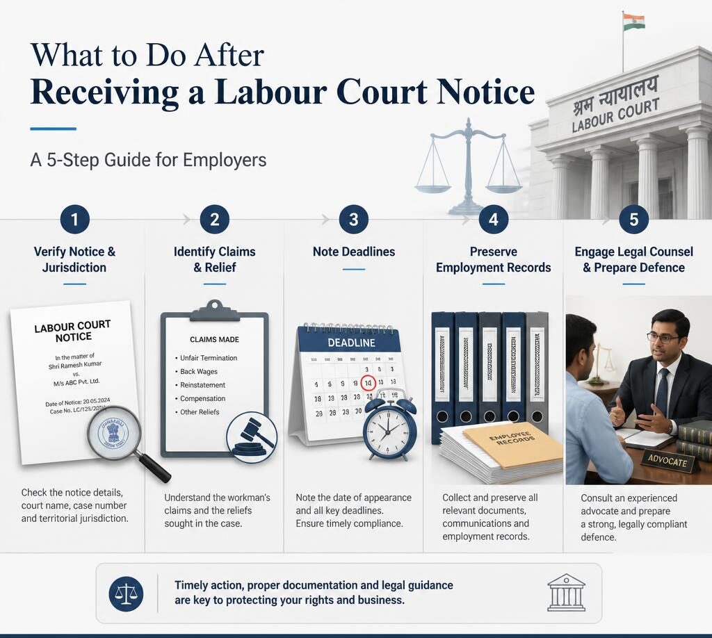 “Step-by-step employer response to a Labour Court notice in India, including jurisdiction review, deadlines, record preservation and legal defence.”