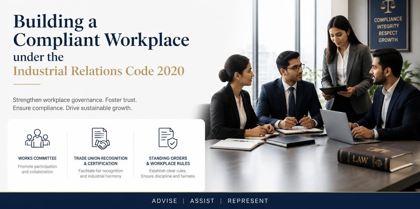 Workplace compliance under the Industrial Relations Code 2020 showing grievance redressal committees, trade union engagement and standing orders.